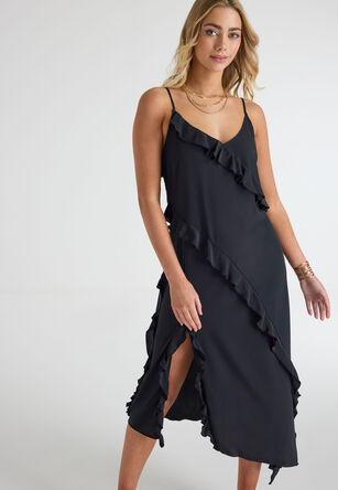 Womens Black Ruffle Midi Dress