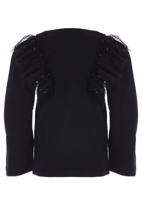 Younger Girls Black Sparkle Shoulder Frill Top