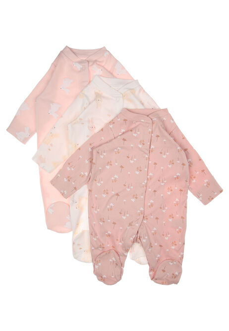 Baby 3pk Pink Bunny Sleepsuits