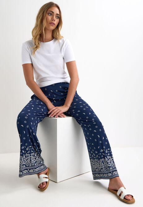 Womens Navy Floral & Leaf Print Wide Leg Trousers
