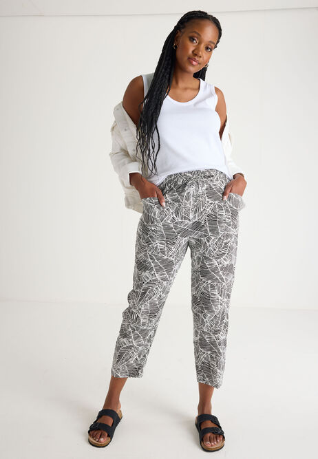 Womens Black & White Palm Print Relaxed Tapered Trousers