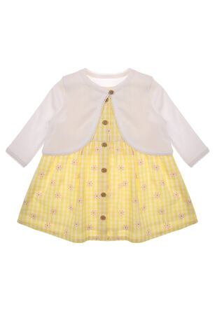 Baby Girls Yellow Gingham Floral Dress and Cardigan Set