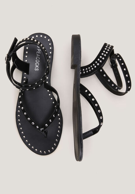 Womens Black Studded Strappy Toe-Post Sandals