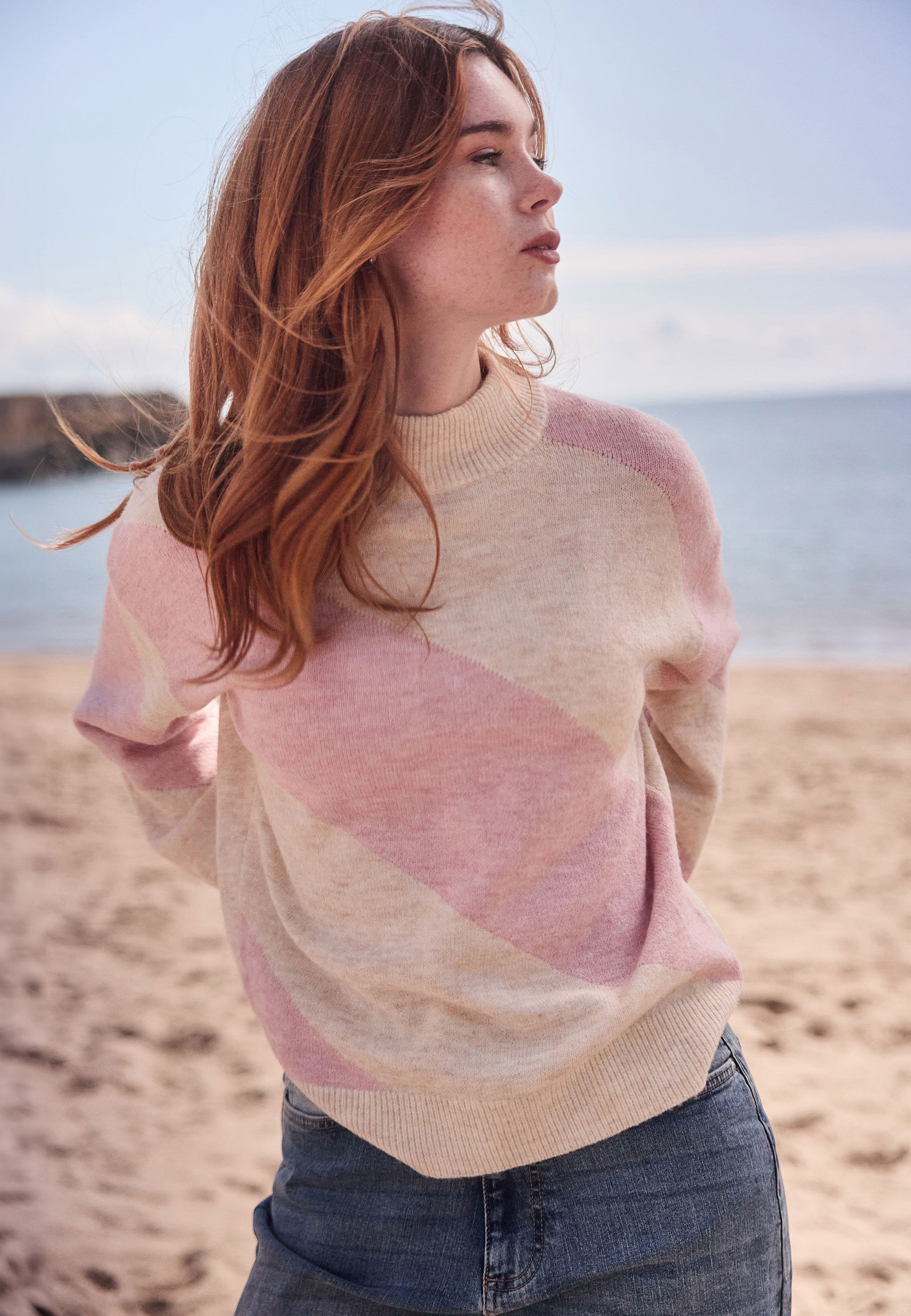 Womens Pink Diagonal Stripe Colour Block Jumper