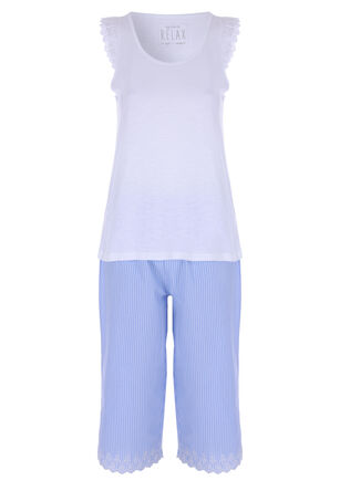 Womens Blue and White Embroidered Pyjama Set