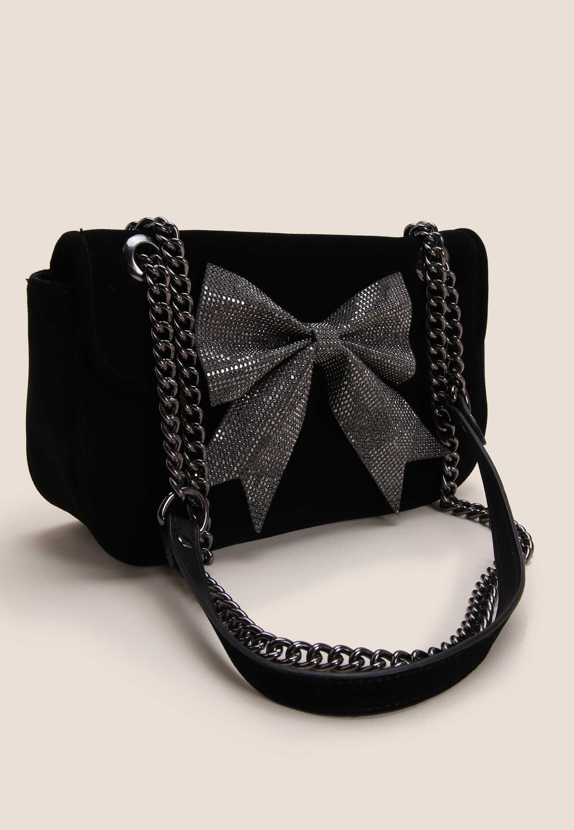 Womens Black Velvet Bow Detail Shoulder Bag Peacocks