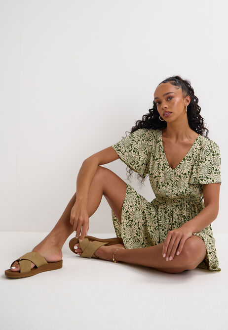 Womens Sage Leaf Print Flutter Sleeve Mini Dress