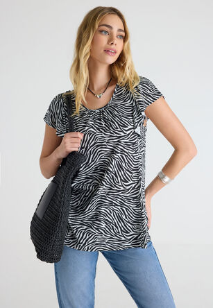 Womens Black Zebra Print Short Sleeved Swing Top