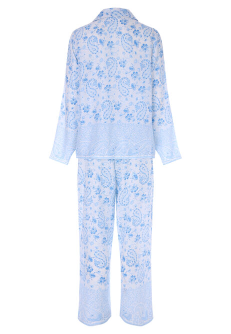 Womens White & Blue Paisley Print Pyjama Set
