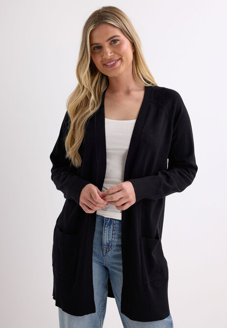 Womens Black Plain Longline Open Cardigan