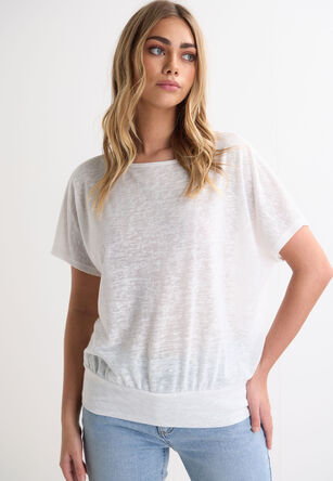 Womens Cream Plain Linen Banded Hem Top