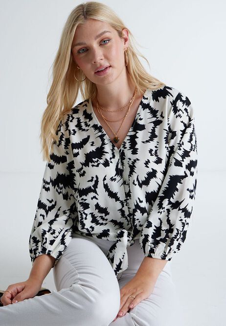 Womens Black & White Abstract Print Blouse 