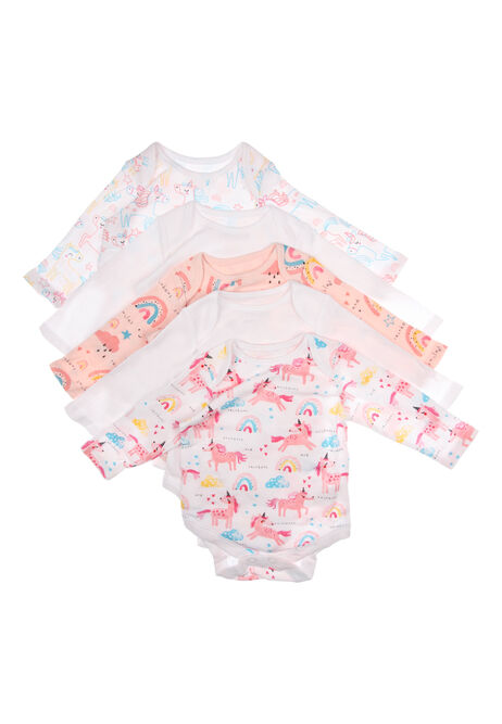 Baby Girls 5pk Pink Unicorn Long Sleeved Bodysuits
