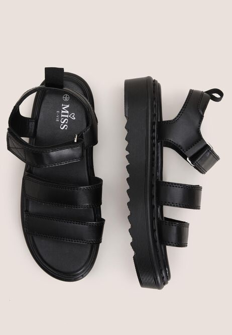 Older Girls Black Triple Strap Gladiator Sandals