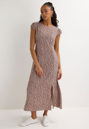 Womens Cream Animal Print Midi Tea Dress