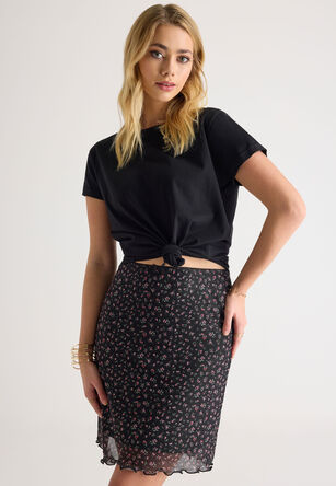 Womens Pink Floral Lettuce Hem Mesh Skirt