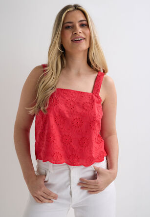 Womens Red Broidery Cotton Vest Top