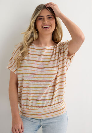 Womens Pink Stripe Linen Banded Hem Top