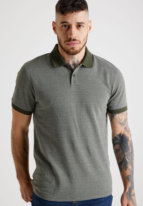 Mens Dark Green Jacquard Print Polo Shirt
