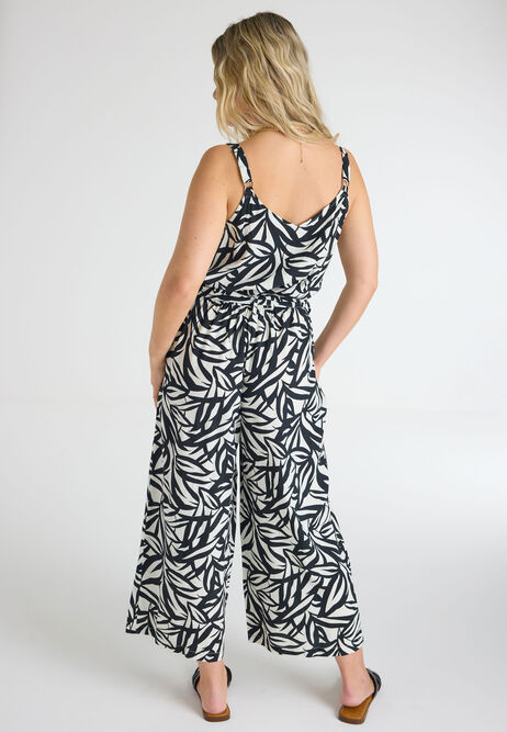 Womens Black & White Palm Print Jumpsuit