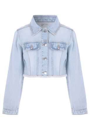 Older Girls Blue Crop Frayed Denim Jacket