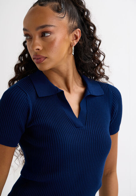 Womens Navy Ribbed V-Neck Collar Jumper