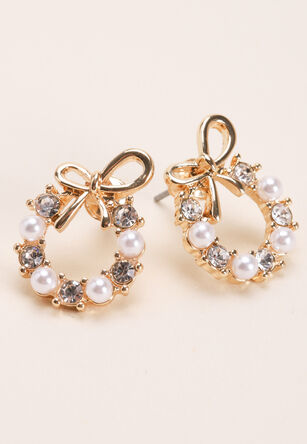 Womens Gold & Pearl Bow Stud Earrings