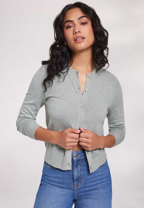 Womens Khaki Plain Crew Neck Cardigan