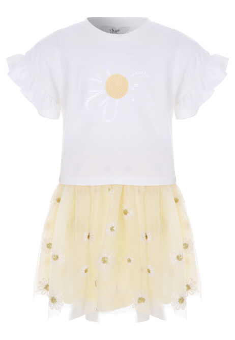 Younger Girls White & Yellow Daisy Skirt Set