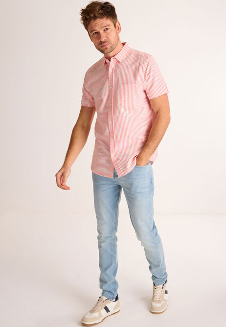 Mens Coral and White Vertical Stripe Shirt