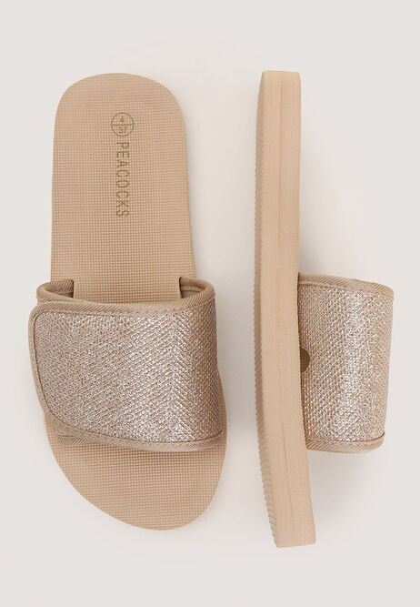 Womens Gold Glitter Velcro Sandal Slider