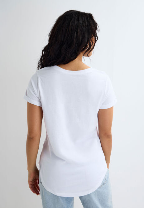 Womens White Plain Roll Sleeve T-shirt