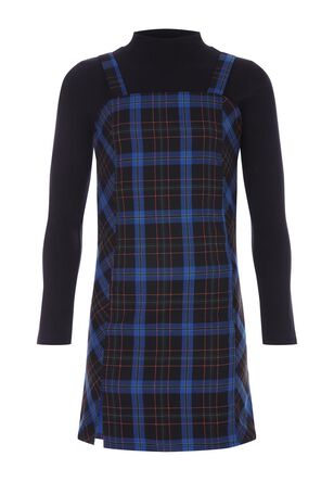 Older Girls Blue & Black Checked 2-in-1 Pinafore Dress