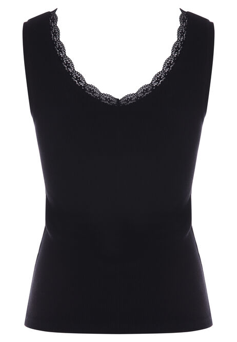 Womens Black Lace Trim Ribbed Vest Top