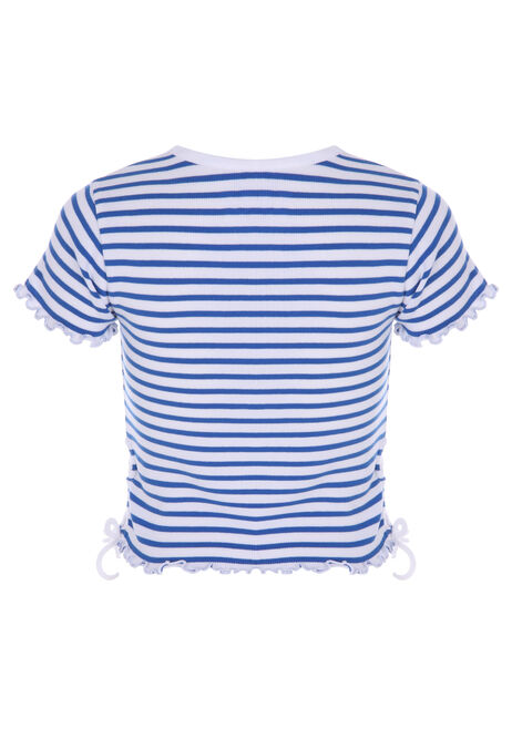 Older Girls Blue & White Horizontal Stripe Tie Side T-Shirt