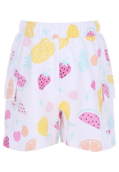 Younger Girls White Fruit Print Cargo Shorts