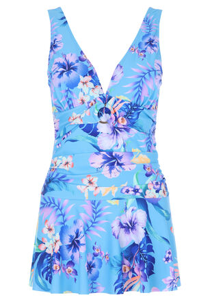 Womens Blue Tropical Swim Dress 