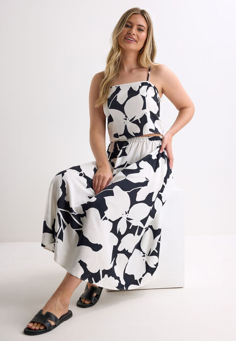 Womens Black & White Floral Linen Blend Cami Top
