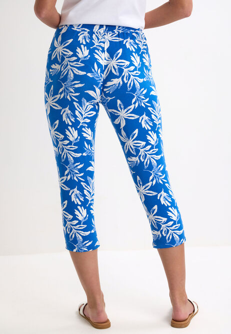 Womens Blue Floral Print Relaxed Cropped Trousers