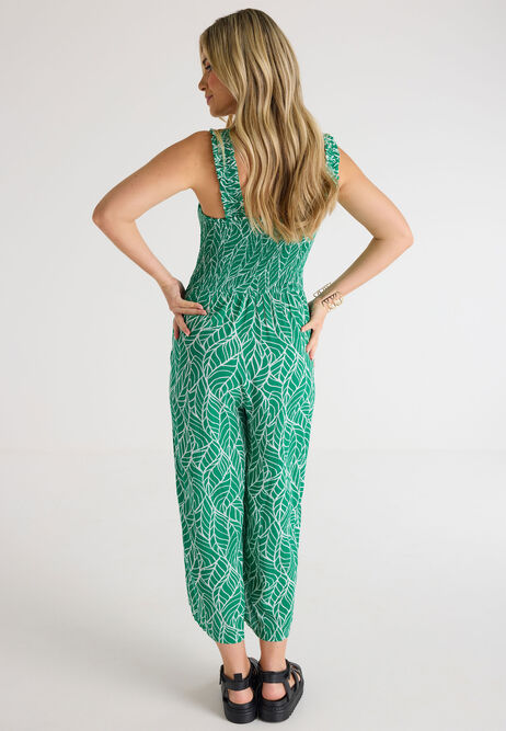 Womens Green Palm Print Shirred Jumpsuit