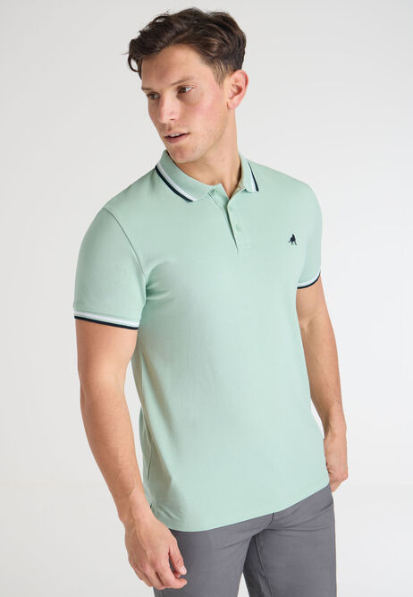 Mens Green Polo Shirt with Stripe Collar