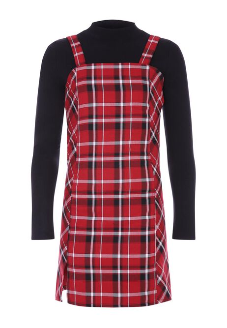 Older Girls Red & Black Checked 2-in-1 Pinafore Dress