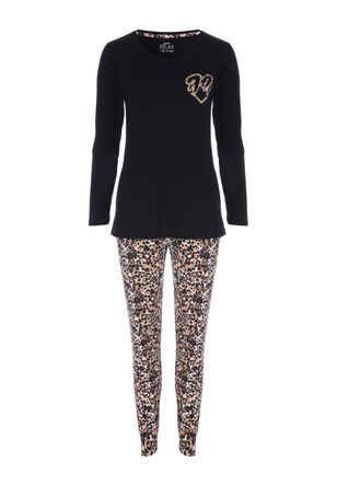 Womens Black Leopard Print Pyjama Set
