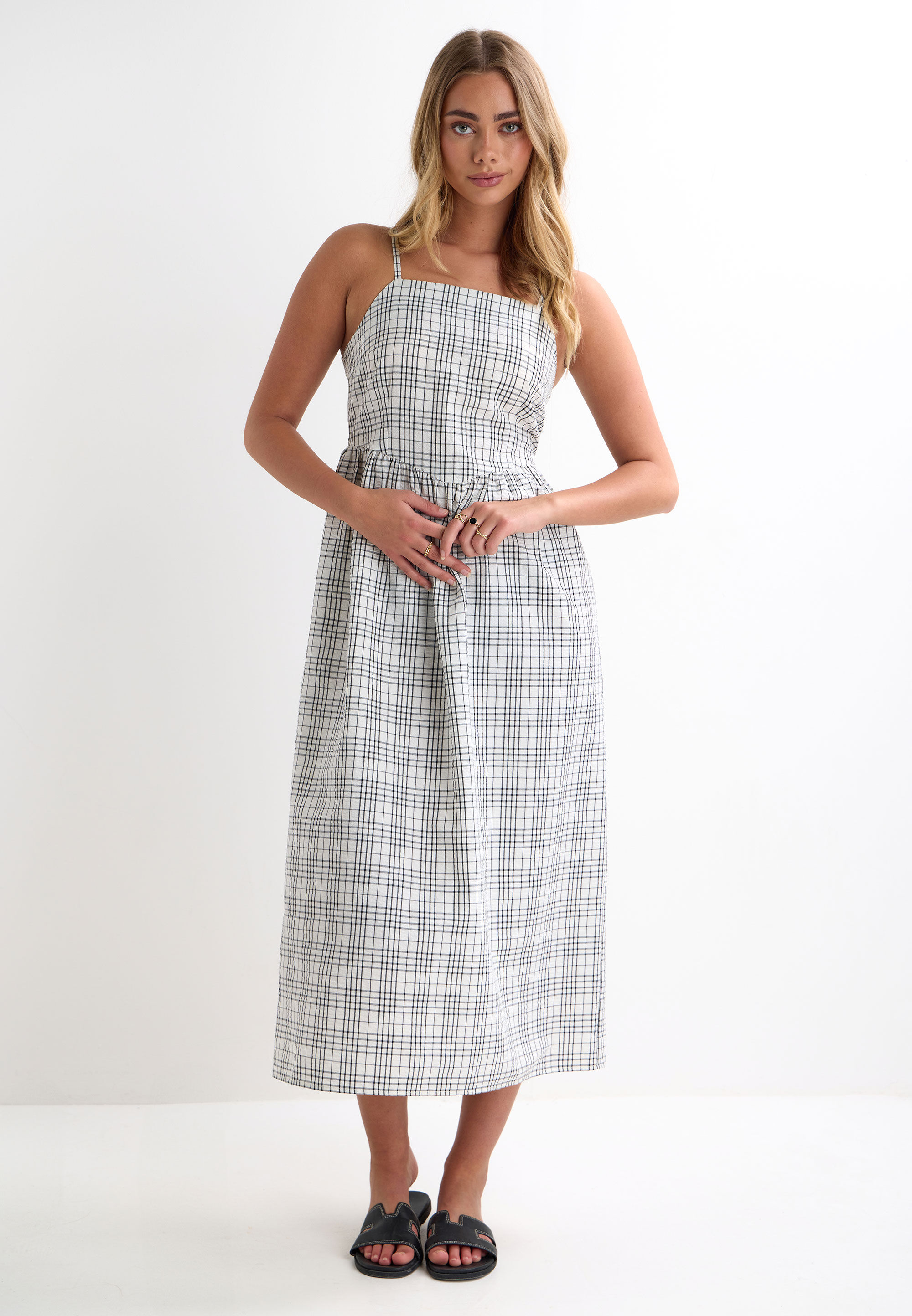 Womens Black & White Check Cami Midi Dress