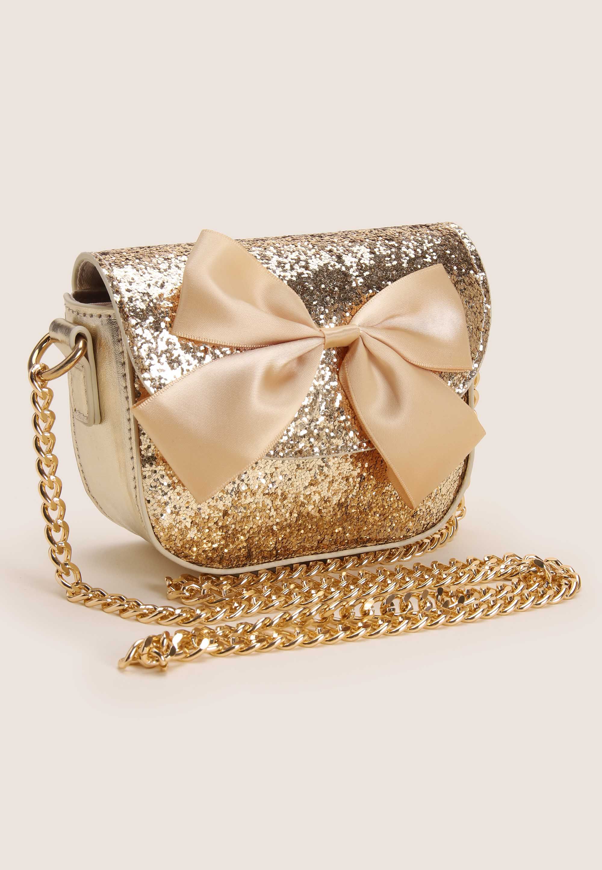 Girls Gold Glitter Bow Party Cross Body Bag Peacocks