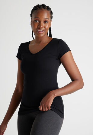 Womens Black Pure Cotton V-Neck T-Shirt