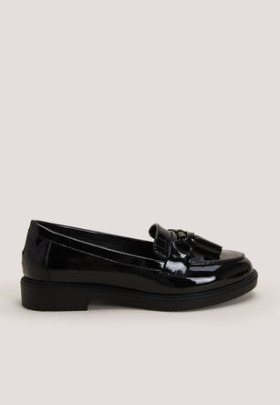 Womens Black Faux Croc Tassel Loafers