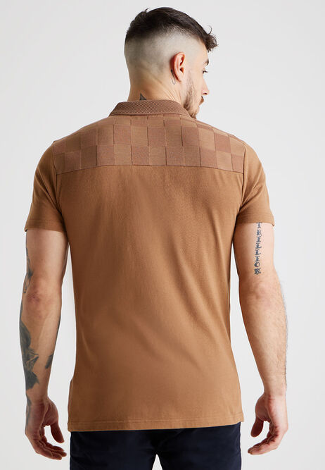 Mens Tan Textured Zip Polo Shirt