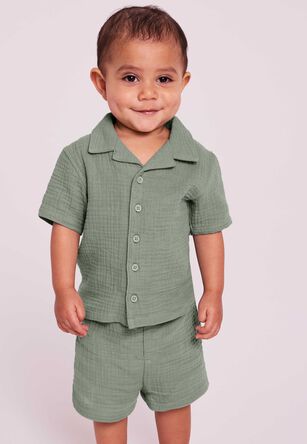 Baby Boys Green Cotton Cheesecloth Shirt and Shorts Set