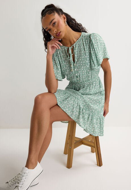 Womens Sage Floral Flutter Sleeve Mini Dress